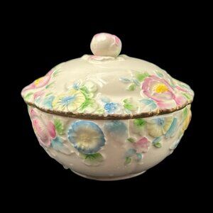 Vintage Japanese Hand Painted Raised Floral Lidded Powder Dresser Jar Ceramic 5"
